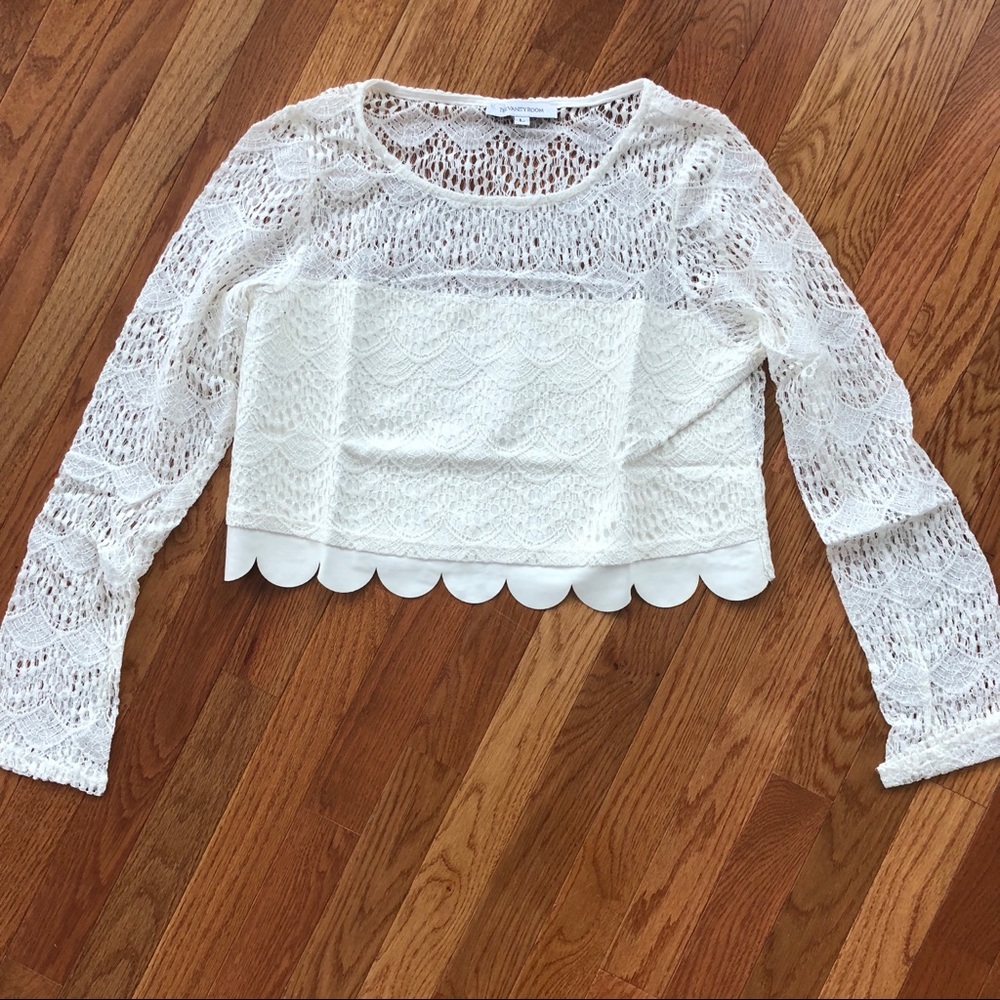 NWT Vanity Room Scalloped Lace Crop Top Long Sleeve Blouse Ivory Cream L 12